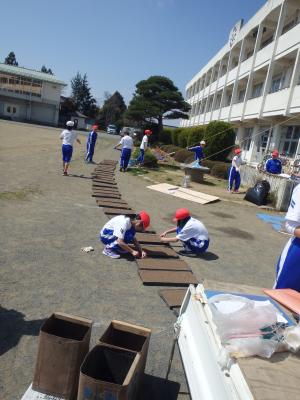 作業が終わった苗床を並べている写真