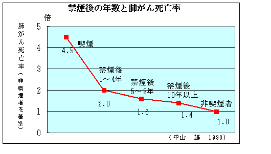 グラフ　禁煙後の年数が長いほど肺がん死亡率は低い