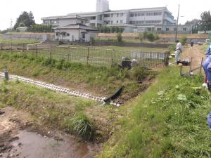 学校田と周辺水路間の約2メートルの段差