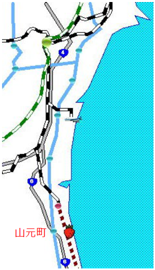 仙台市から山元町への高速道路とJRの線路が掲載された画像