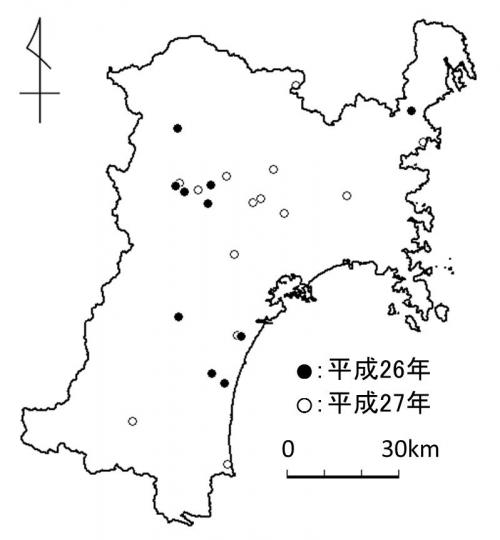 オリサストロビン剤耐性イネいもち病菌の県内確認地点の図