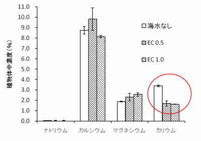 塩害土壌がキュウリの下位葉中の成分に及ぼす影響グラフ