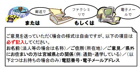 郵送またはファクシミリもしくは電子メールでご意見を受け付けております。ご意見を送って頂く場合の様式は自由です。しかし,お名前・ご住所・ご意見・県外にお住まいの方は宮城県との関係（通勤・通学など）,電話番号,電子メールアドレスは必ず記入してください。