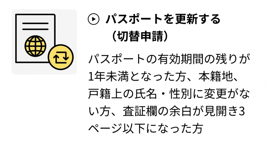 パスポートの有効期間の残りが1年未満で、本籍都道府県や氏名性別に変更がない方、査証欄の余白が見開き3頁以下になった方