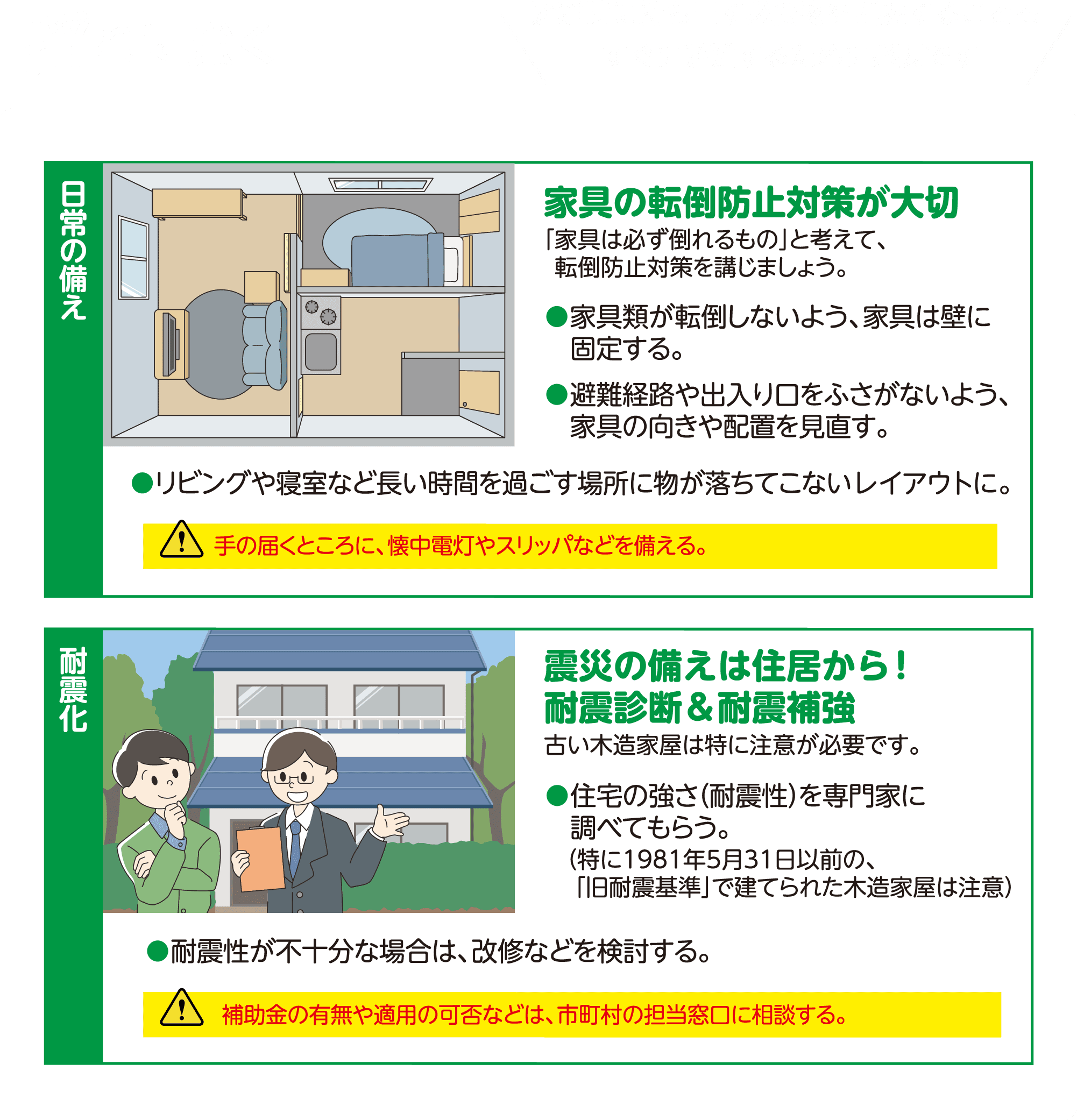 揺れに強く　転倒防止対策や耐震診断・耐震補強を検討しましょう！
